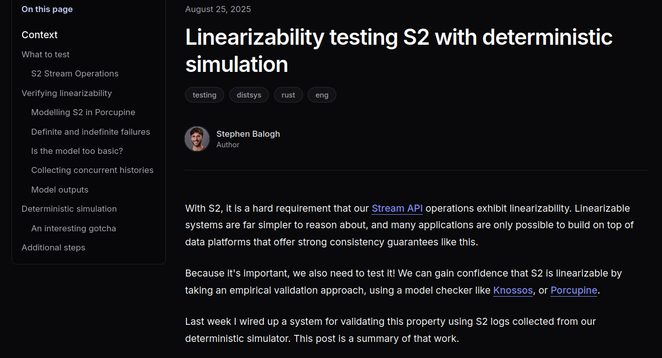 Linearizability testing S2 with deterministic simulation