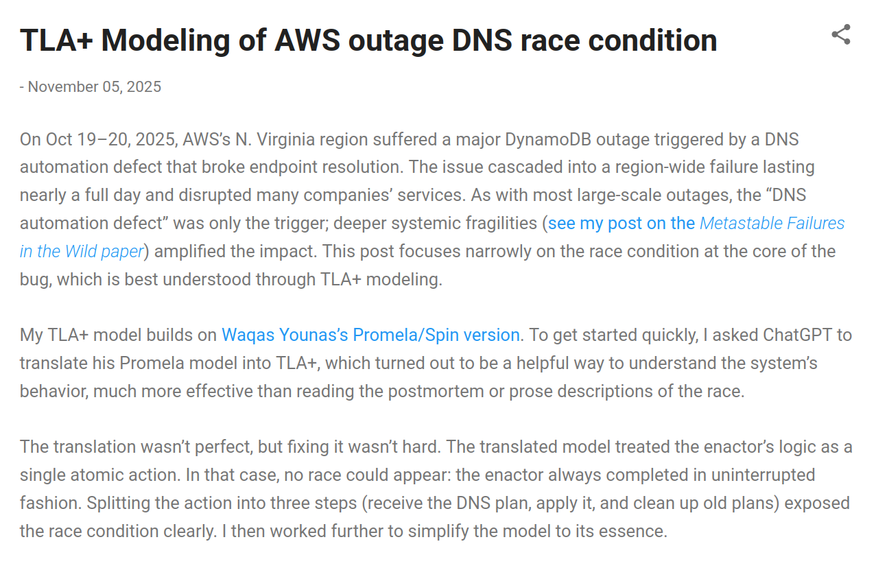 TLA+ Modeling of AWS outage DNS race condition
