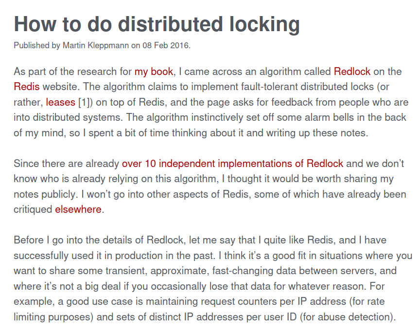 How to do distributed locking — Martin Kleppmann’s blog