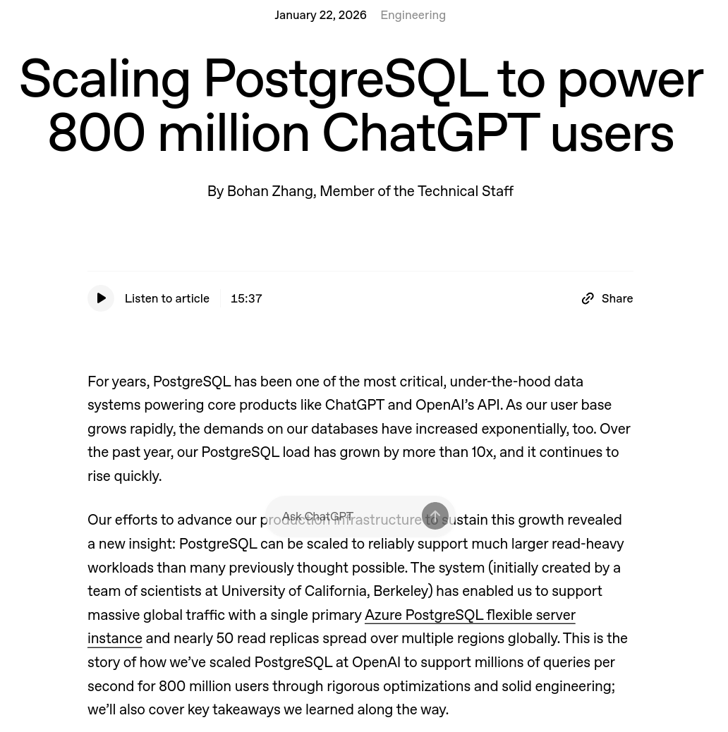 Scaling PostgreSQL to power 800 million ChatGPT users