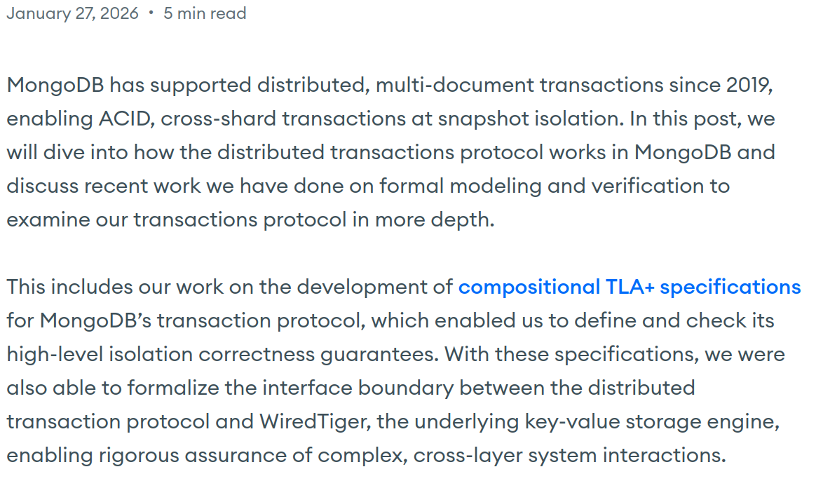 Formal Methods Beyond Correctness: Isolation & Permissiveness of Distributed Transactions in MongoDB | MongoDB