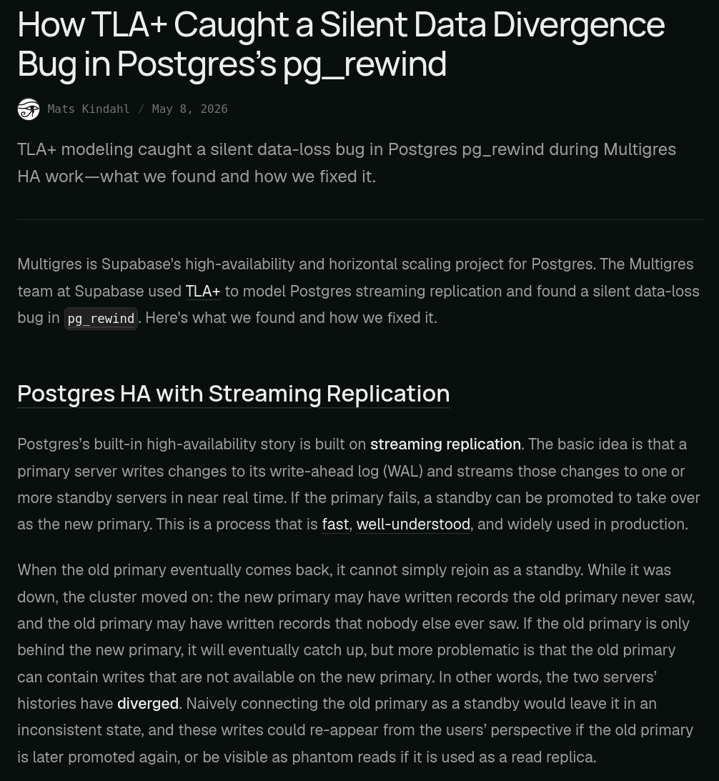 How TLA+ Caught a Silent Data Divergence Bug in Postgres’s pg_rewind | Blog | Multigres